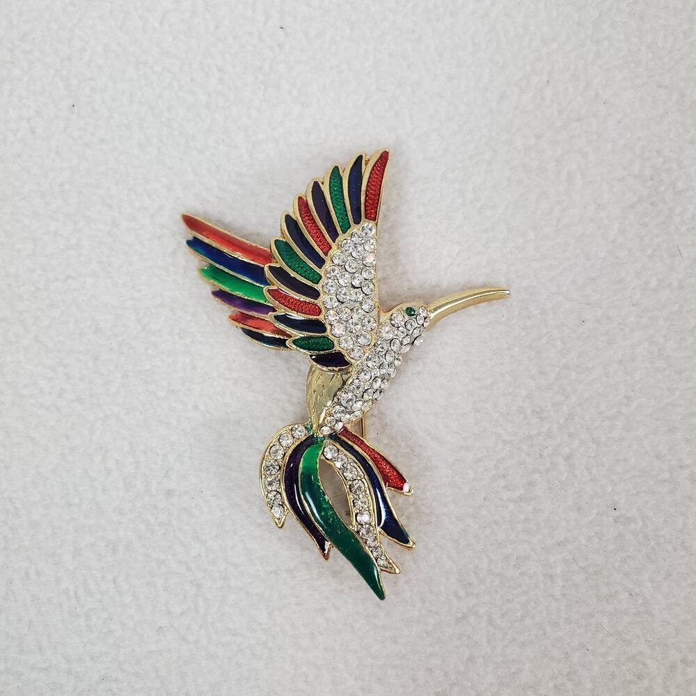Vintage Gold Tone Rhinestone & Enamel Red Green Blue Hummingbird Brooch